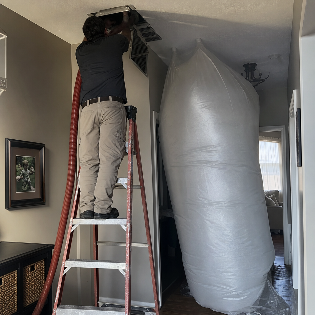 Technician performing professional residential air duct cleaning service