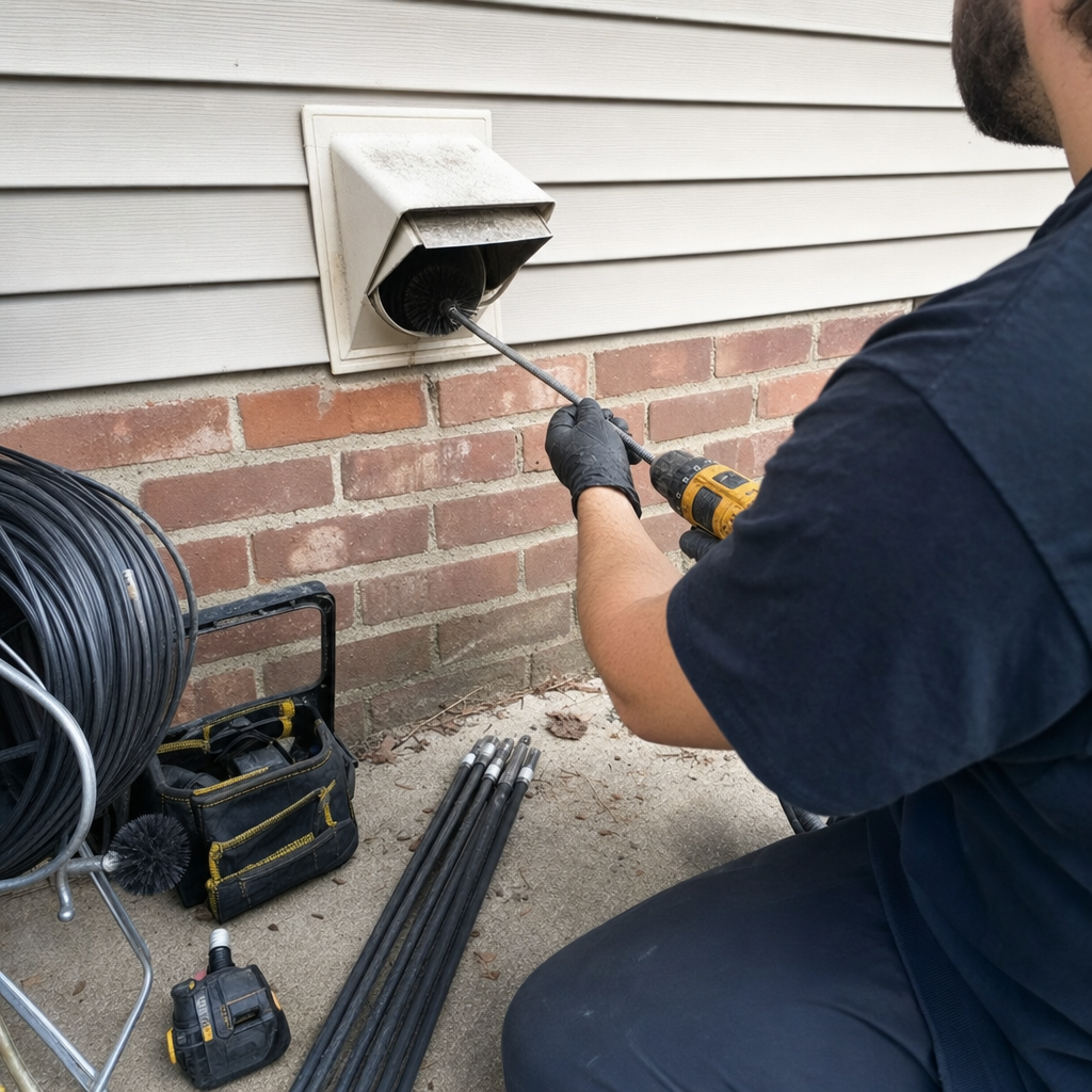 Technician using professional drill brush tool for residential dryer vent cleaning
