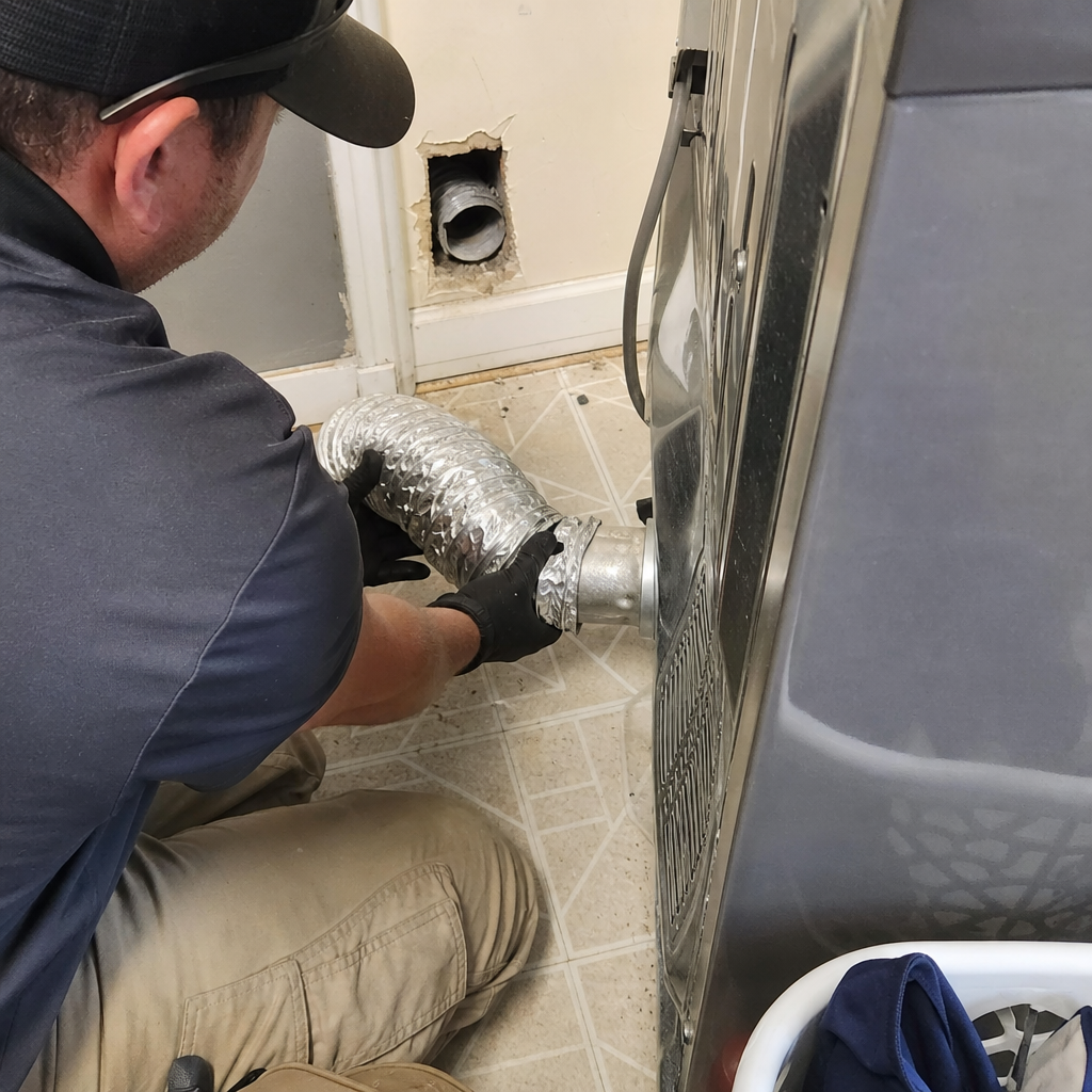 Technician attaching a new silver dryer vent hose to a clothes dryer