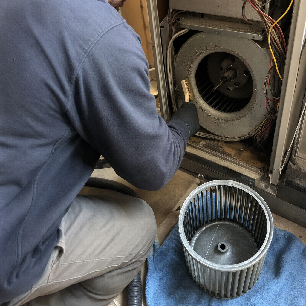 HVAC technician cleaning furnace blower assembly components