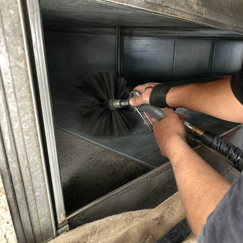 Technician using a rotating brush for professional air duct cleaning services in Washington, WV