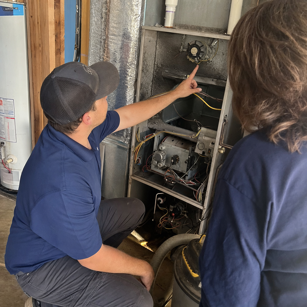 Technician inspecting a residential furnace for professional air duct cleaning services in West Virginia, WV