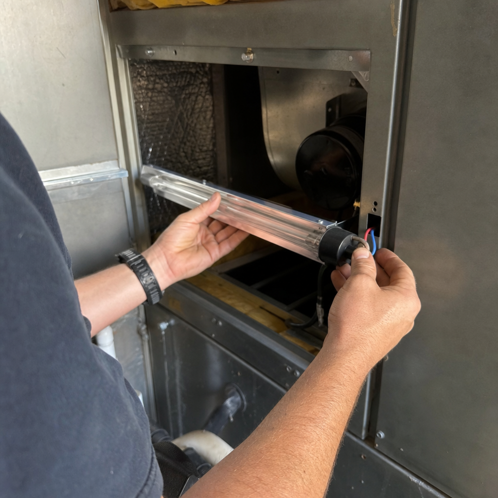 Technician installing UV air purification light in HVAC ductwork system in Flatwoods, KY