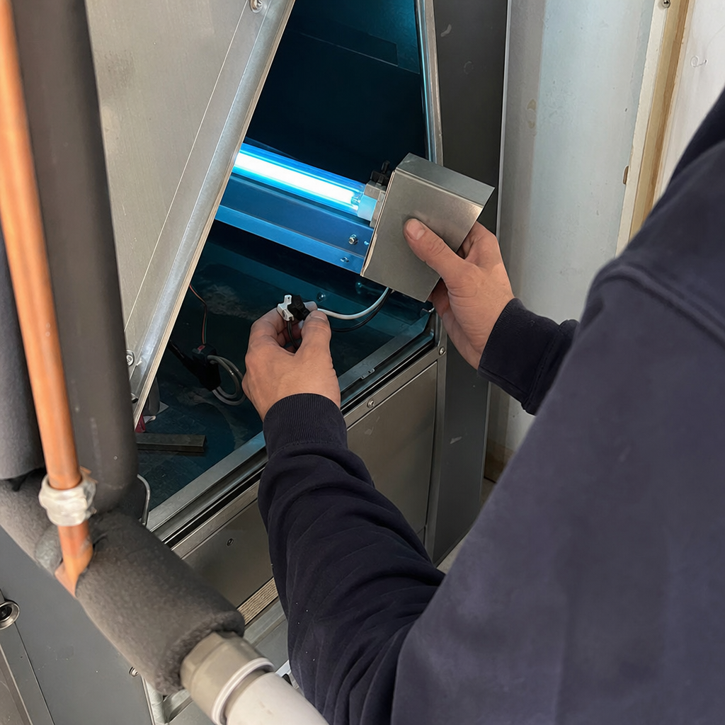 Technician installing HVAC UV germicidal light for indoor air quality in Nitro, WV