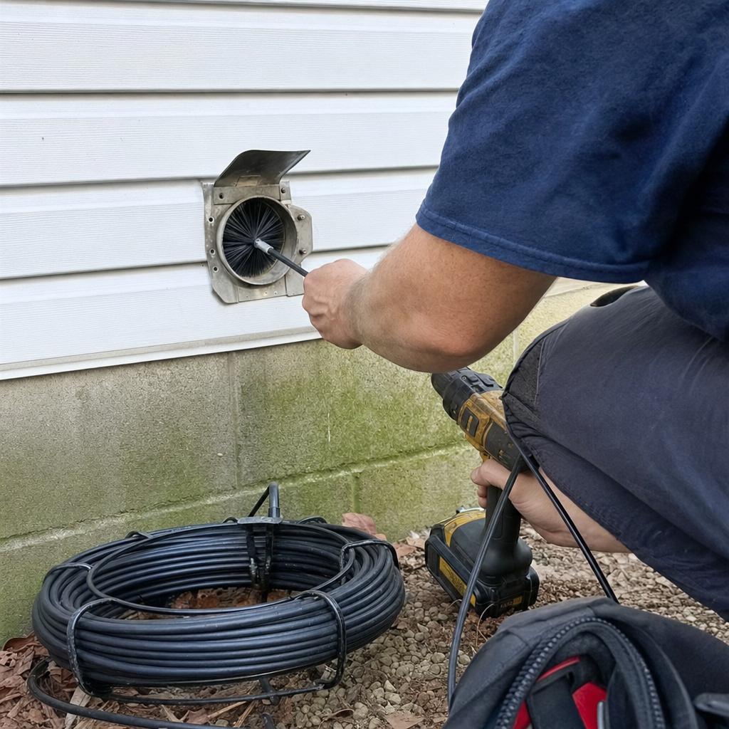 Technician using a rotating brush to perform dryer vent cleaning in West Virginia, WV