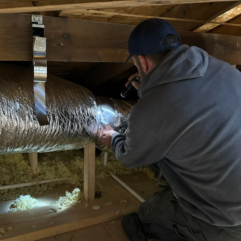 Technician performing professional air duct repair and sealing in an attic in Nitro, WV