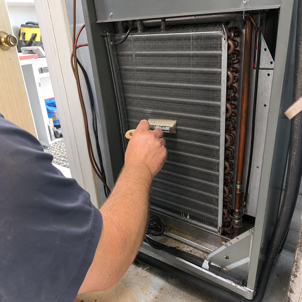 HVAC technician cleaning the evaporator coil of an air conditioning unit in Belpre, OH