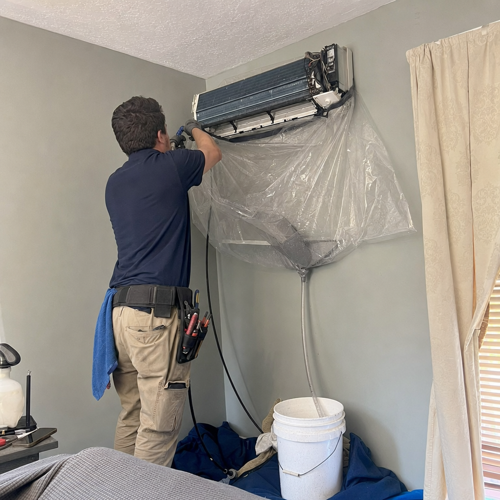 HVAC technician performing professional air duct cleaning on a wall unit in Nitro, WV